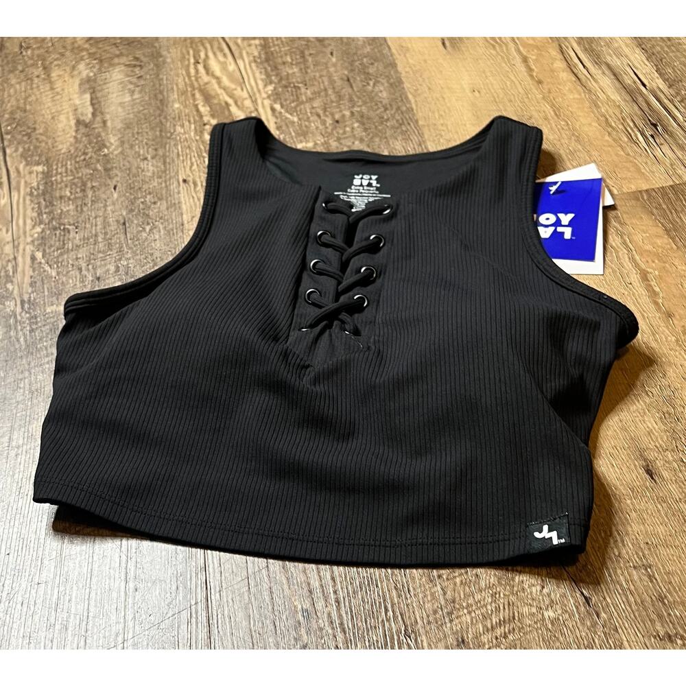 Joy Lab Women's Black Lace-Front Longline Sports Bra Removable Pads, Size XS